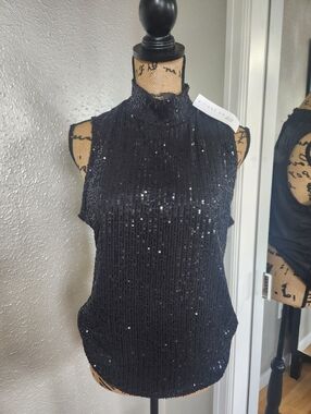 Women's Black Sequin Mock Neck Sleeveless Camisole